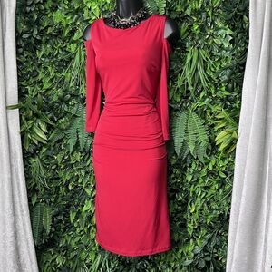 SHELBY & PALMER Dress Women Medium Red‎ Ruched Cold Shoulder Sleeve Midi 2117